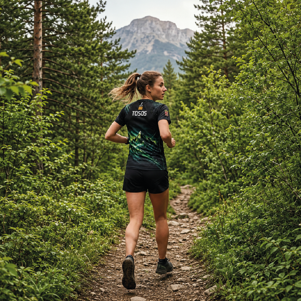 Hombre corriendo trail running usando ropa personalizada EVERNYA